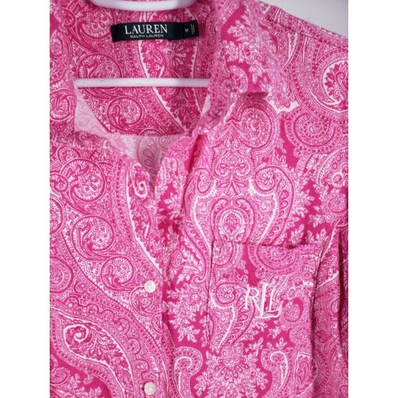 Lauren Ralph Lauren Monogram Roll Tab Shirt‎ Dress Paisley Pink Cotton Women's M - Picture 2 of 10